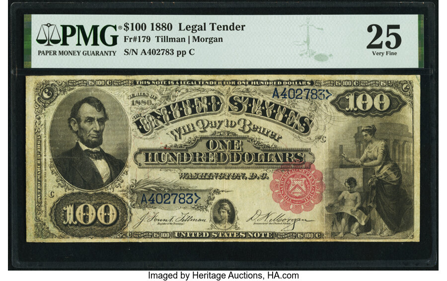 image for: Fr. 179 $100 1880 Legal Tender PMG Very Fine 25....