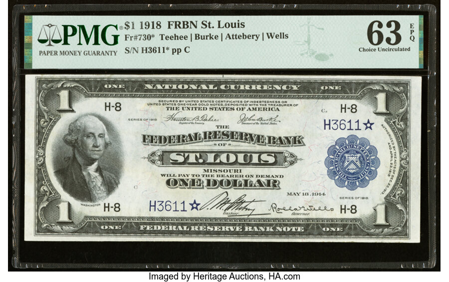 image for: Fr. 730* $1 1918 Federal Reserve Bank Star Note PMG Choice Uncirculated 63 EPQ....