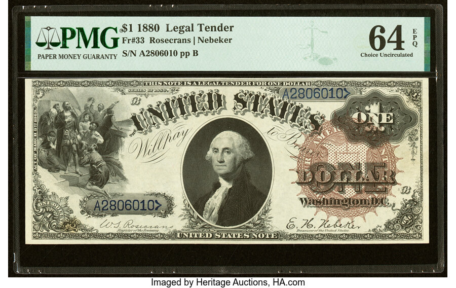 image for: Fr. 33 $1 1880 Legal Tender PMG Choice Uncirculated 64 EPQ....