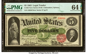 image for: Fr. 63 $5 1863 Legal Tender PMG Choice Uncirculated 64 EPQ....