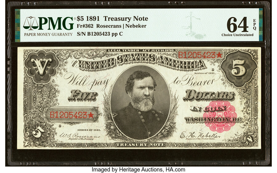 image for: Fr. 362 $5 1891 Treasury Note PMG Choice Uncirculated 64 EPQ....