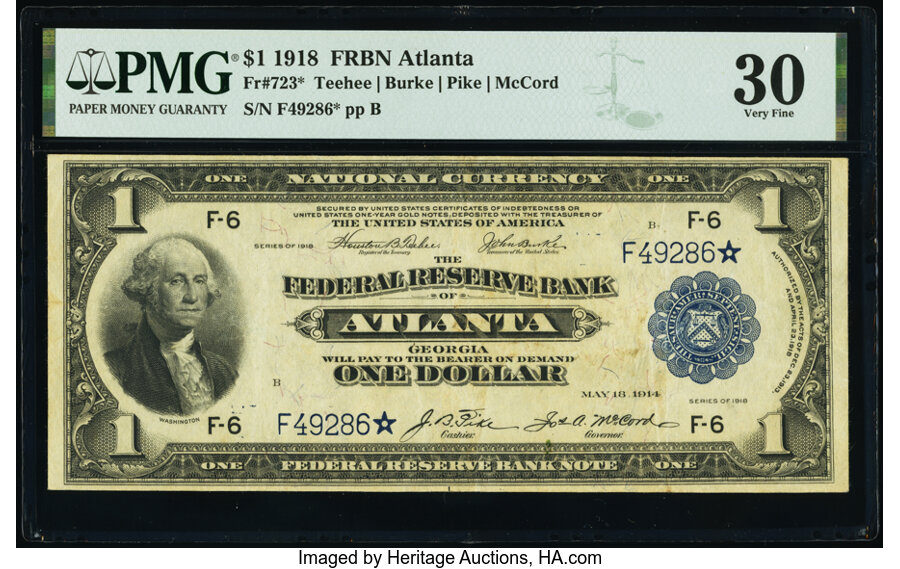 image for: Fr. 723* $1 1918 Federal Reserve Bank Star Note PMG Very Fine 30....