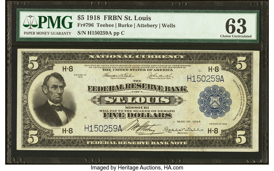 image for: Fr. 796 $5 1918 Federal Reserve Bank Note PMG Choice Uncirculated 63....