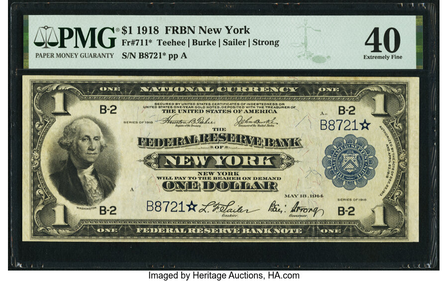 image for: Fr. 711* $1 1918 Federal Reserve Bank Star Note PMG Extremely Fine 40....