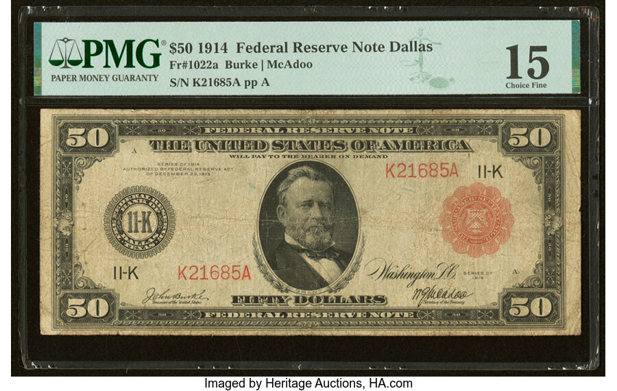 image for: Fr. 1022a $50 1914 Red Seal Federal Reserve Note PMG Choice Fine 15....