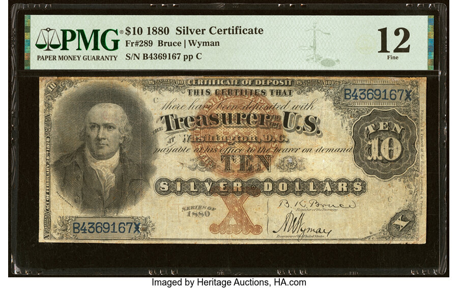image for: Fr. 289 $10 1880 Silver Certificate PMG Fine 12....