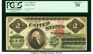image for: Fr. 41 $2 1862 Legal Tender PCGS About New 50....