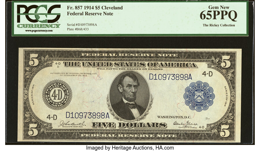 image for: Fr. 857 $5 1914 Federal Reserve Note PCGS Gem New 65PPQ....