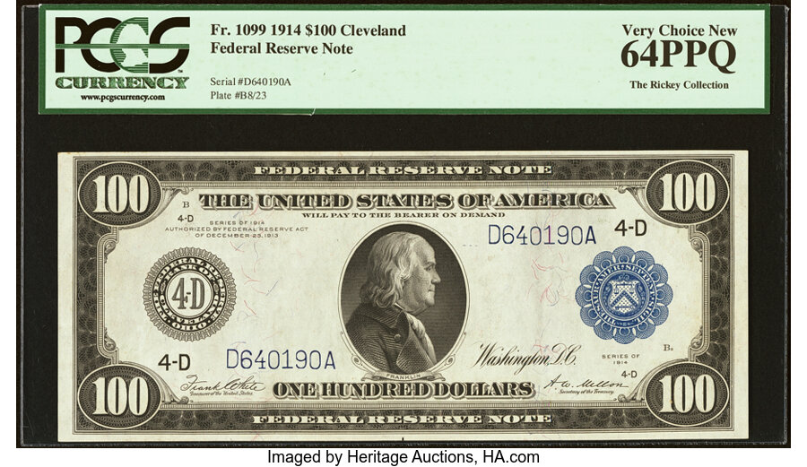 image for: Fr. 1099 $100 1914 Federal Reserve Note PCGS Very Choice New 64PPQ....