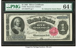 image for: Fr. 222 $1 1891 Silver Certificate PMG Choice Uncirculated 64 EPQ....