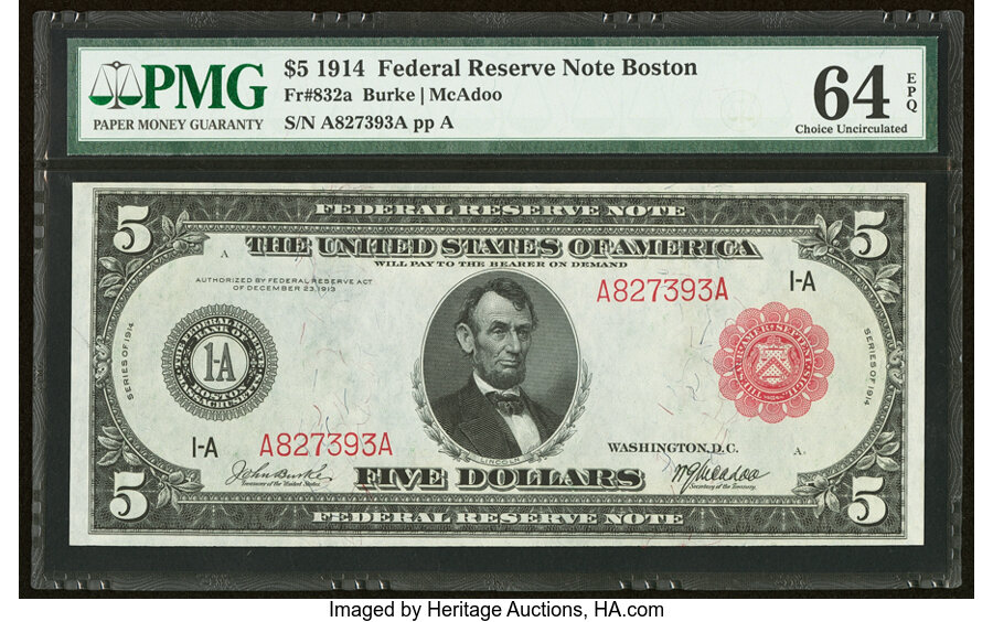 image for: Fr. 832a $5 1914 Red Seal Federal Reserve Note PMG Choice Uncirculated 64 EPQ....