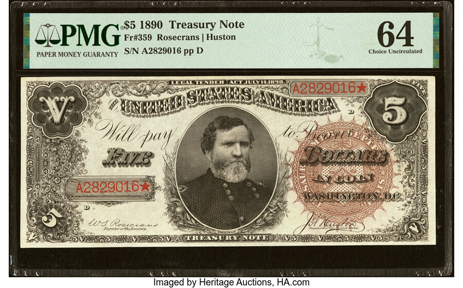 image for: Fr. 359 $5 1890 Treasury Note PMG Choice Uncirculated 64....