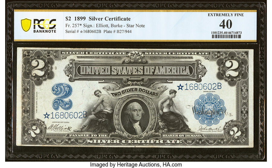 image for: Fr. 257* $2 1899 Silver Certificate Star PCGS Banknote Extremely Fine 40....