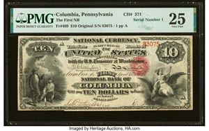 image for: Serial Number 1 Columbia, PA - $10 Original Fr. 409 The First National Bank Ch. # 371 PMG Very Fine 25....
