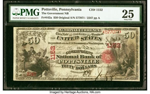 image for: Pottsville, PA - $50 Original Fr. 442a The Government National Bank Ch. # 1152 PMG Very Fine 25....