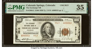 image for: Colorado Springs, CO - $100 1929 Ty. 2 The Exchange National Bank Ch. # 3913 PMG Choice Very Fine 35....