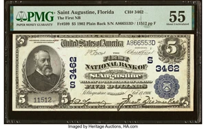 image for: Saint Augustine, FL - $5 1902 Plain Back Fr. 599 The First National Bank Ch. # (S)3462 PMG About Uncirculated 55....