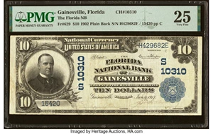 image for: Gainesville, FL - $10 1902 Plain Back Fr. 629 The Florida National Bank Ch. # (S)10310 PMG Very Fine 25....
