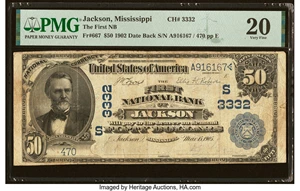 image for: Jackson, MS - $50 1902 Date Back Fr. 667 The First National Bank Ch. # (S)3332 PMG Very Fine 20....