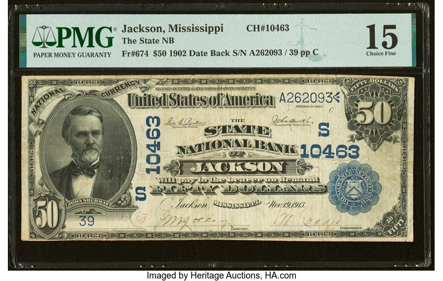 image for: Jackson, MS - $50 1902 Date Back Fr. 674 The State National Bank Ch. # (S)10463 PMG Choice Fine 15....