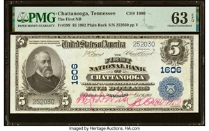 image for: Chattanooga, TN - $5 1902 Plain Back Fr. 599 The First National Bank Ch. # 1606 PMG Choice Uncirculated 63 EPQ....