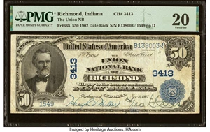 image for: Richmond, IN - $50 1902 Date Back Fr. 668 The Union National Bank Ch. # 3413 PMG Very Fine 20....