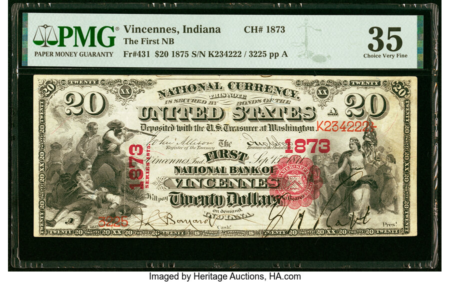 image for: Vincennes, IN - $20 1875 Fr. 431 The First National Bank Ch. # 1873 PMG Choice Very Fine 35....