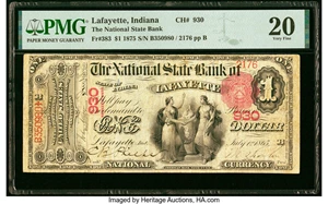 image for: Lafayette, IN - $1 1875 Fr. 383 The National State Bank Ch. # 930 PMG Very Fine 20....