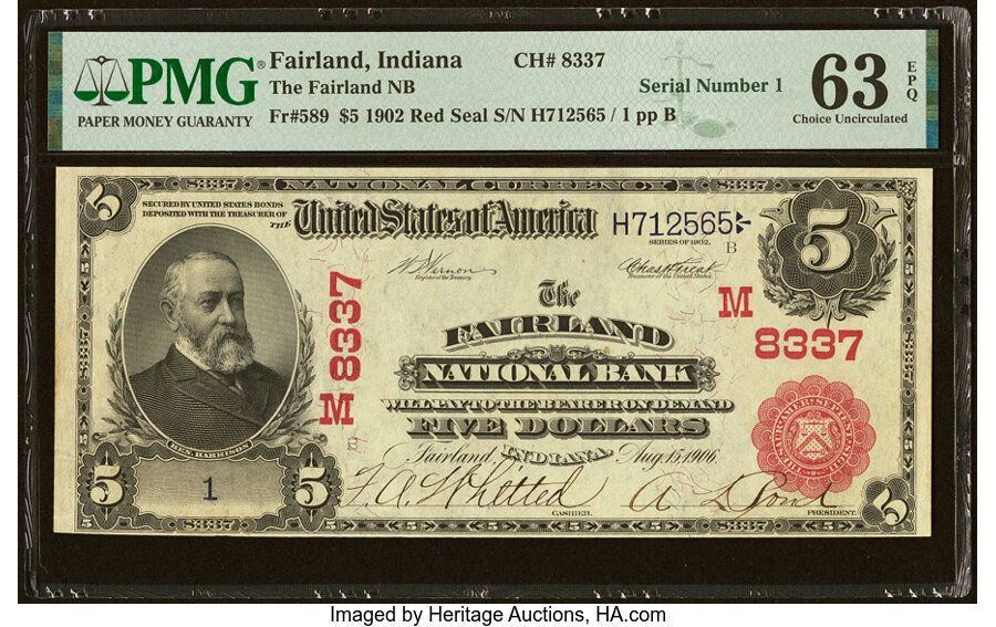 image for: Serial Number 1 Fairland, IN - $5 1902 Red Seal Fr. 589 The Fairland National Bank Ch. # (M)8337 PMG Choice Uncirculated 63 EP...