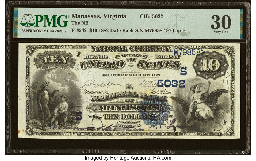 image for: Manassas, VA - $10 1882 Date Back Fr. 542 The National Bank of Manassas Ch. # (S)5032 PMG Very Fine 30....