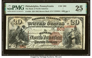 image for: Philadelphia, PA - $20 1882 Brown Back Fr. 494 The Bank of North America Ch. # 602 PMG Very Fine 25....
