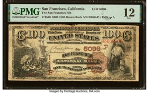 image for: San Francisco, CA - $100 1882 Brown Back Fr. 528 The San Francisco National Bank Ch. # (P)5096 PMG Fine 12....