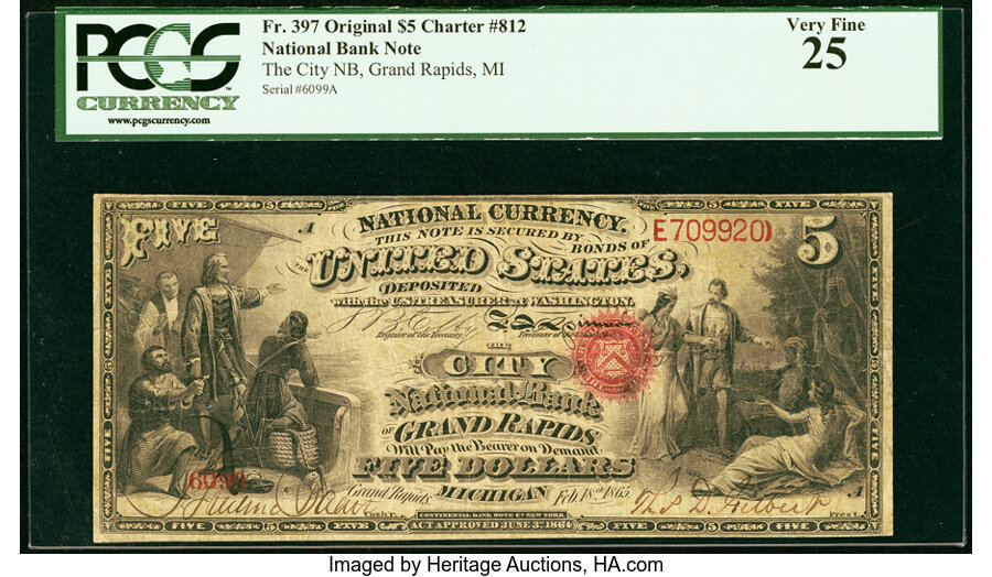 image for: Grand Rapids, MI - $5 Original Fr. 397 The City National Bank Ch. # 812 PCGS Very Fine 25....