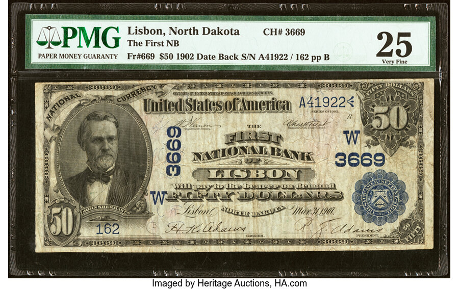 image for: Lisbon, ND - $50 1902 Date Back Fr. 669 The First National Bank Ch. # (W)3669 PMG Very Fine 25....