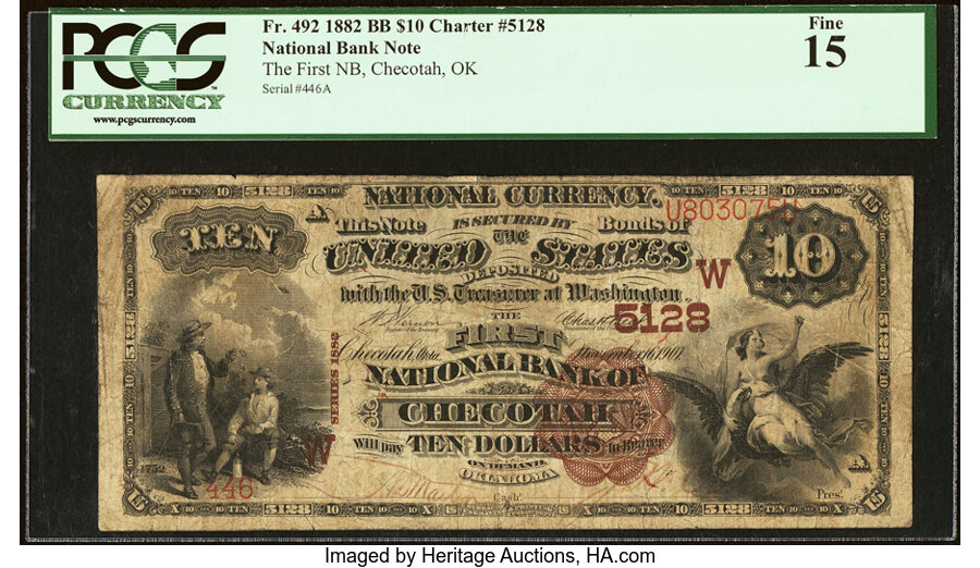 image for: Checotah, OK - $10 1882 Brown Back Fr. 492 The First National Bank Ch. # (W)5128 PCGS Fine 15....