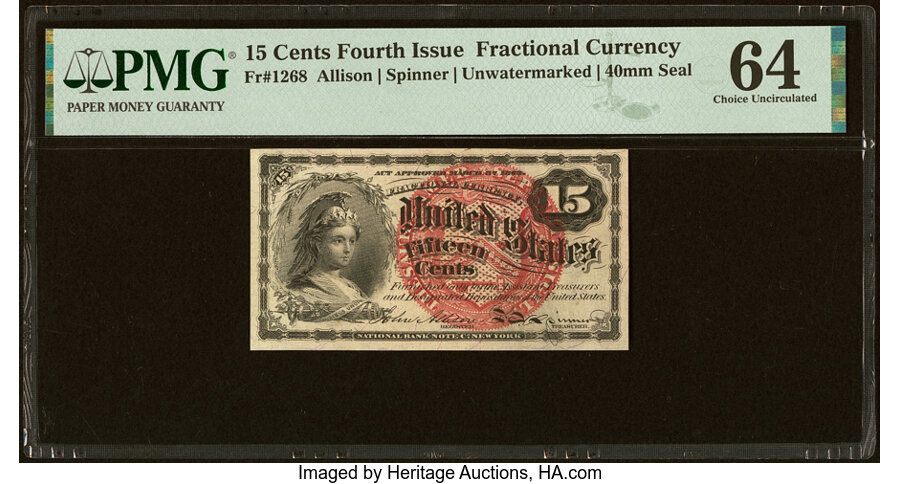 image for: Fr. 1268 15¢ Fourth Issue PMG Choice Uncirculated 64....