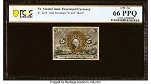 image for: Fr. 1234 5¢ Second Issue PCGS Banknote Gem Unc 66 PPQ....