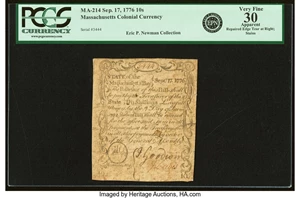 image for: Massachusetts September 17, 1776 10s PCGS Apparent Very Fine 30....