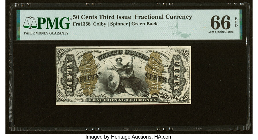image for: Fr. 1358 50¢ Third Issue Justice PMG Gem Uncirculated 66 EPQ....