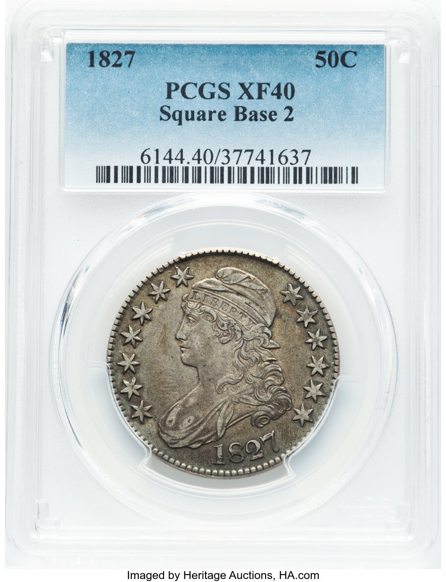 image for: 1827 50C Square Base 2, O-131, R.2, XF40 PCGS.  Mintage 5,493,400....