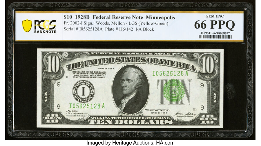 image for: Fr. 2002-I $10 1928B Federal Reserve Note. Light Green Seal. PCGS Banknote Gem Unc 66 PPQ....