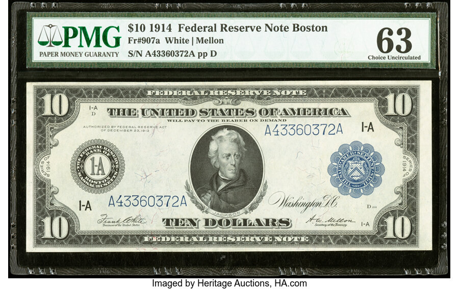 image for: Fr. 907a $10 1914 Federal Reserve Note PMG Choice Uncirculated 63....