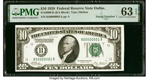 image for: Serial Number 1 Fr. 2000-K $10 1928 Federal Reserve Note. PMG Choice Uncirculated 63 EPQ....