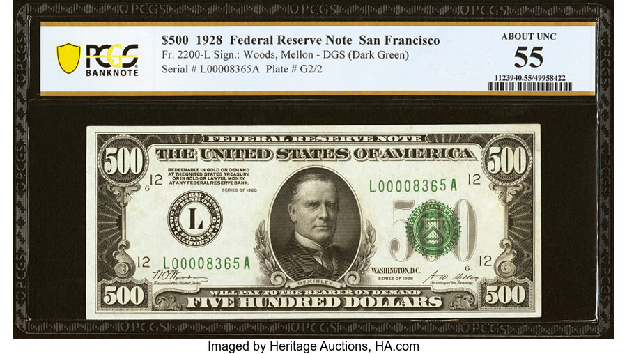 image for: Fr. 2200-L $500 1928 Federal Reserve Note. PCGS Banknote About Unc 55....