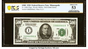 image for: Low Serial Number 966 Fr. 2200-I $500 1928 Federal Reserve Note. PCGS Banknote About Unc 53....