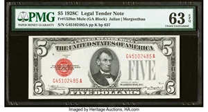image for: Fr. 1528 $5 1928C Mule Legal Tender Note. G-A Block. PMG Choice Uncirculated 63 EPQ....