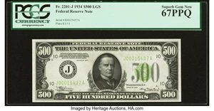 image for: Fr. 2201-J $500 1934 Light Green Seal Federal Reserve Note. PCGS Superb Gem New 67PPQ....