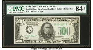image for: Fr. 2201-L $500 1934 Federal Reserve Note. PMG Choice Uncirculated 64 EPQ....