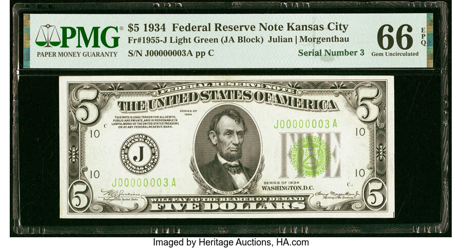 image for: Serial Number 3 Fr. 1955-J $5 1934 Federal Reserve Note. PMG Gem Uncirculated 66 EPQ....