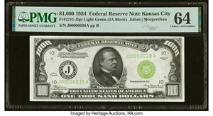 image for: Fr. 2211-J $1,000 1934 Light Green Seal Federal Reserve Note. PMG Choice Uncirculated 64....